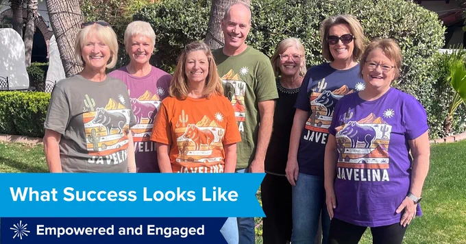 People pose for the camera in matching Javelina shirts. Headline reads, “What Success Looks Like” with a subhead reading, “Empowered and Engaged” with the KnowledgeWorks spark