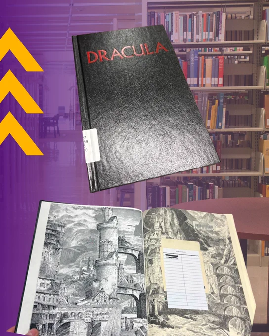 Black hardcover book titled 'Dracula' resting on a table in a library with bookshelves in the background.