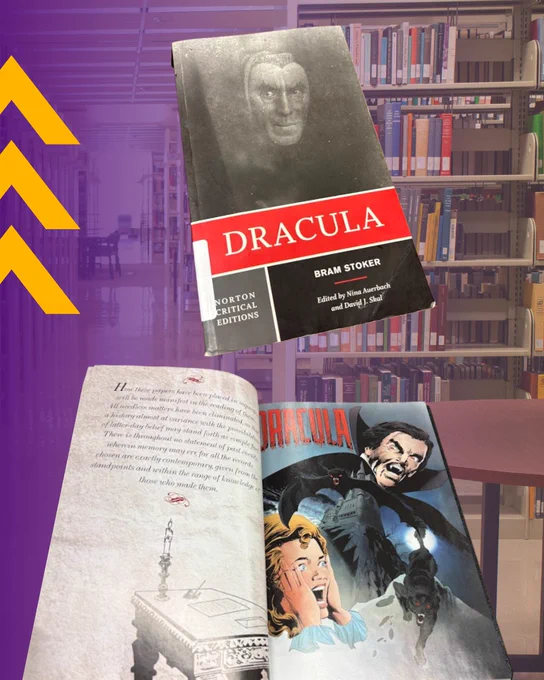 Cover of Bram Stoker's Dracula from Norton Critical Editions with a red and black design in a library setting.