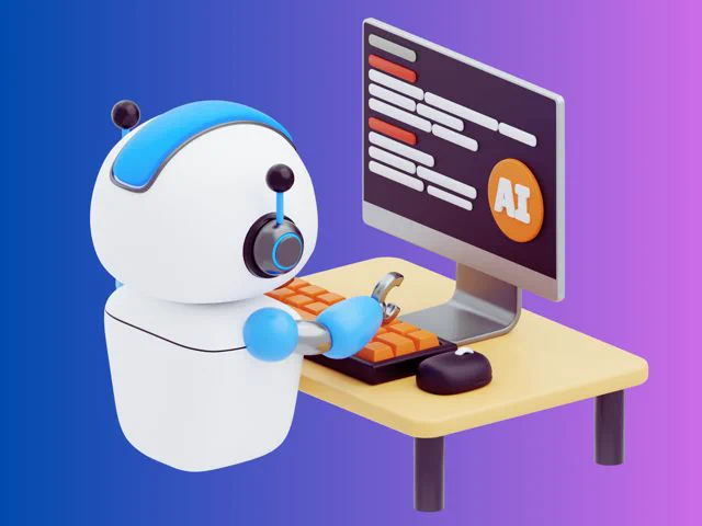 Robot behind computer screen displaying AI.