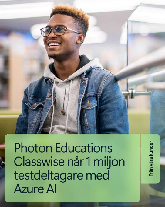 Texten lyder:
Photon Education's 
Classwise når
1 miljon testdeltagare med Azure A I 

Från våra kunder