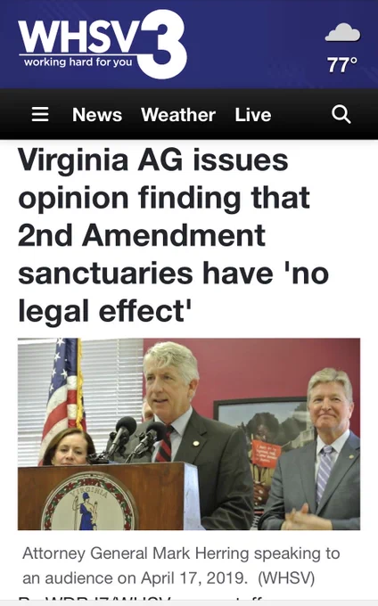 Screen cap of headline from WHSV3 in April 2019 reads "Virginia AG issues opinion finding that 2nd Amendment sanctuaries have no legal effect."