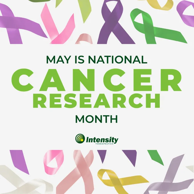 Graphic with colorful cancer awareness ribbons surrounding the text “May is National Cancer Research Month” in green lettering, alongside the Intensity Therapeutics logo on a light gray background.