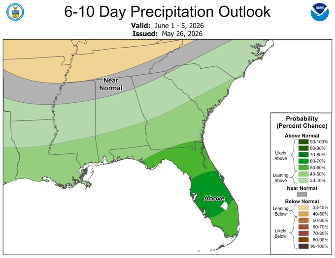 The Climate Prediction Center’s 6-10 Day Precipitation Outlook issued May 26, 2026, valid June 1-5, depicts an increased chance of above-normal precipitation across Florida, with the largest probabilities (60 to 70 percent) for Central Florida and greater than a 50 percent chance of above-normal precipitation for much of the state.