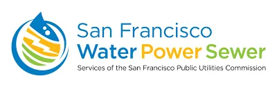 Water droplet next to the title of “San Francisco Water Power Sewer” on top of the lower text of "Services of the San Francisco Public Utilities Commission"  
