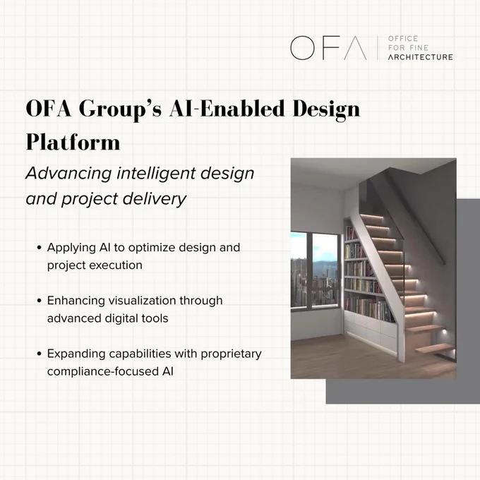 Graphic from OFA Group highlighting its AI-enabled design platform, with bullets on optimizing design, enhancing visualization, and advancing compliance-focused AI. Image shows a modern staircase with built-in shelving and city views.