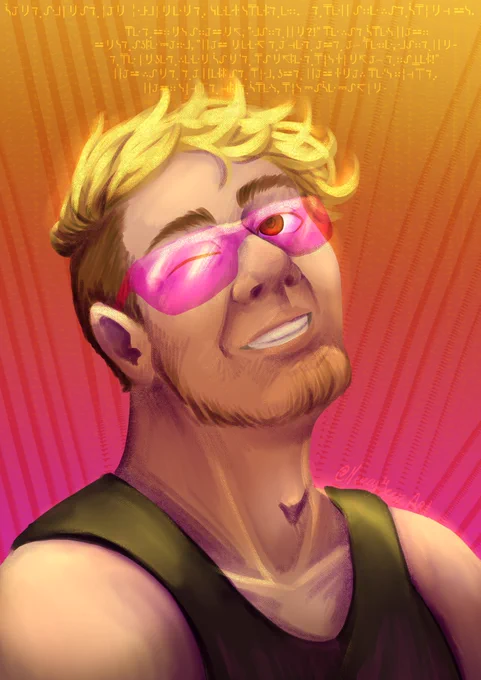 A digital painting of Impulse. He is looking overtop of the viewer, smiling big. He is winking. His hair is a golden yellow styled neatly. He's wearing a dark brown tank top with overalls and his magenta glasses. The background is a pink to yellow sunset. There is galactic standard text above him.