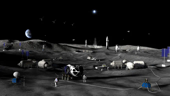 An artist's concept of NASA's Moon Base in phase 3, which enables a long-duration human presence. The surface of the Moon is dotted with white structures and vehicles as well as astronauts in white spacesuits. Earth is visible in the sky just above center left. Credit: NASA