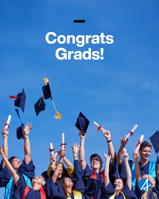 Group of graduates in navy caps and gowns raising their hands and tossing caps into a clear blue sky while holding rolled diplomas tied with red ribbons. Large white text reads “Congrats Grads!” above them, with a small Alberta logo in the lower right corner.