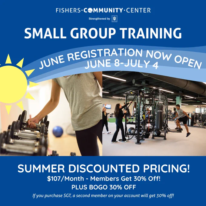 A promotional poster for Fishers Community Center's small group training. It announces June registration from June 8 to July 4. The poster highlights summer discounted pricing at $107 per month, with 30% off for members and a buy-one-get-one 30% off offer. The background features a gym setting with individuals exercising, and a graphic of a sun in the top left corner.