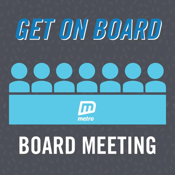 Grey background with the title text "Get On Board" in capitalized blue text at the top. Middle graphic is a long rectangle with 7 people sitting at it to represent a board meeting table. "Board Meeting" written in capitalized white text at the bottom.