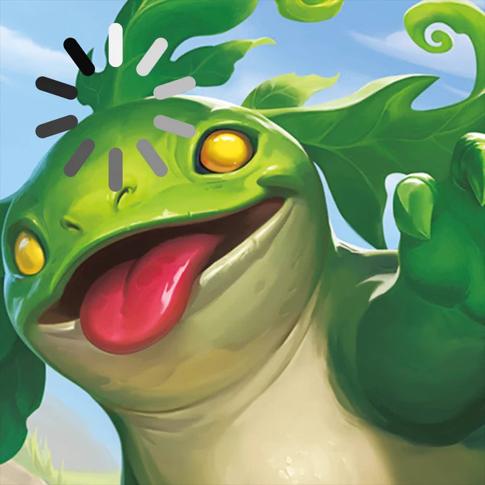 A close-up shot of Moss Stomper with a loading wheel on their head.