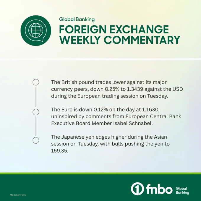 FNBO Global Banking Foreign Exchange Weekly Commentary:
The British pound trades lower against its major currency peers, down 0.25% to 1.3439 against the USD during the European trading session on Tuesday. 

The Euro is down 0.12% on the day at 1.1630, uninspired by comments from European Central Bank Executive Board Member Isabel Schnabel.

The Japanese yen edges higher during the Asian session on Tuesday, with bulls pushing the yen to 159.35. 