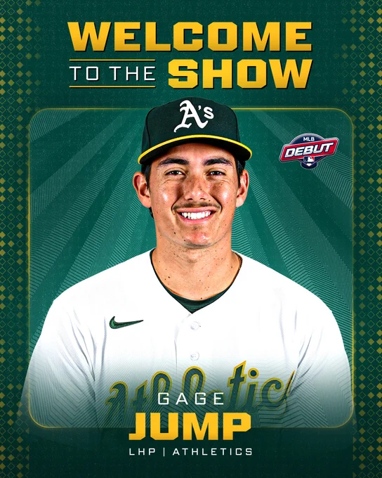 WELCOME
TO THE SHOW
Photo of Gage Jump with the MLB debut patch to the right
GAGE
JUMP
LHP | ATHLETICS