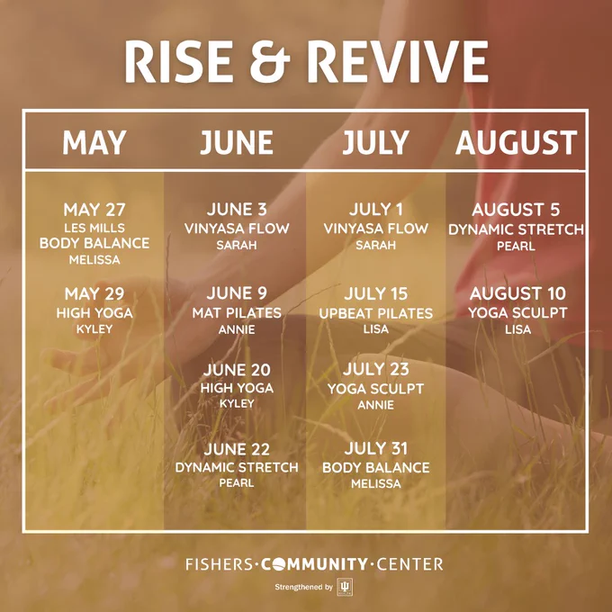 RISE & REVIVE

LES MILLS
BODY BALANCE
MELISSA
MAY 27

HIGH YOGA
KYLEY
MAY 29

JUNE 3
VINYASA FLOW
SARAH

JUNE 9
MAT PILATES
ANNIE

JUNE 20
HIGH YOGA
KYLEY

JUNE 22
DYNAMIC STRETCH
PEARL

JULY 1
VINYASA FLOW
SARAH

JULY 15
Upbeat Pilates
LISA

JULY 23
Yoga sculpt
ANNIE

JULY 31
BODY BALANCE
MELISSA

AUGUST 5
DYNAMIC STRETCH
PEARL

AUGUST 10
YOGA SCULPT
LISA