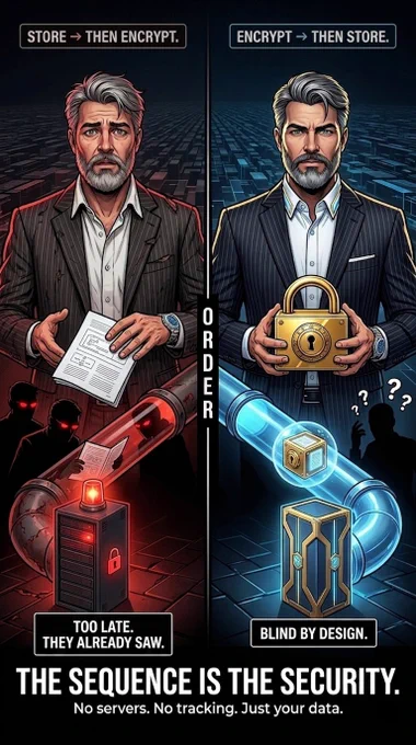 A split illustration titled "THE SEQUENCE IS THE SECURITY." Center divider reads "ORDER" vertically. Left side  "STORE → THEN ENCRYPT": A worried man in a dark suit holds an open, unprotected document. Below, a red glowing pipeline carries the document exposed past shadowy red-eyed figures who can read it. A cracked server with a red warning light sits at the bottom. Label: "TOO LATE. THEY ALREADY SAW." Right side  "ENCRYPT → THEN STORE": A confident man in a dark suit holds a large golden padlock  data sealed before it moves. A blue luminous pipeline carries an encrypted cube. Shadowy figures stand confused with question marks above their heads  they see nothing. A secure golden vault sits at the bottom. Label: "BLIND BY DESIGN." Bottom text: "THE SEQUENCE IS THE SECURITY. No servers. No tracking. Just your data." Coopa encrypts before anything leaves your device  by design, not by promise.