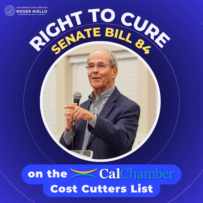 Right to Cure. Senate Bill 84 on the CalChamber Cost Cutters List. A candid photo of Senator Roger Niello speaking. Logo of California State Senator Roger Niello representing the 6th district.