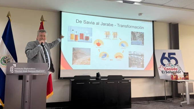 Person giving a presentation on sap-to-syrup transformation in an auditorium with official flags.
