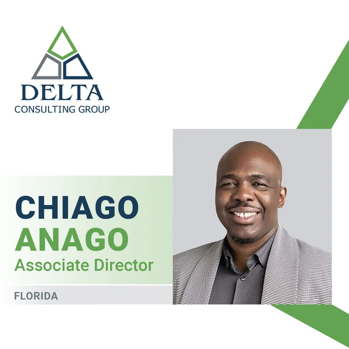 "Delta Consulting Group logo at top left. Below, text reads 'Chiago Anago, Associate Director, Florida.' On the right, a person smiles in a professional photo, wearing a suit."