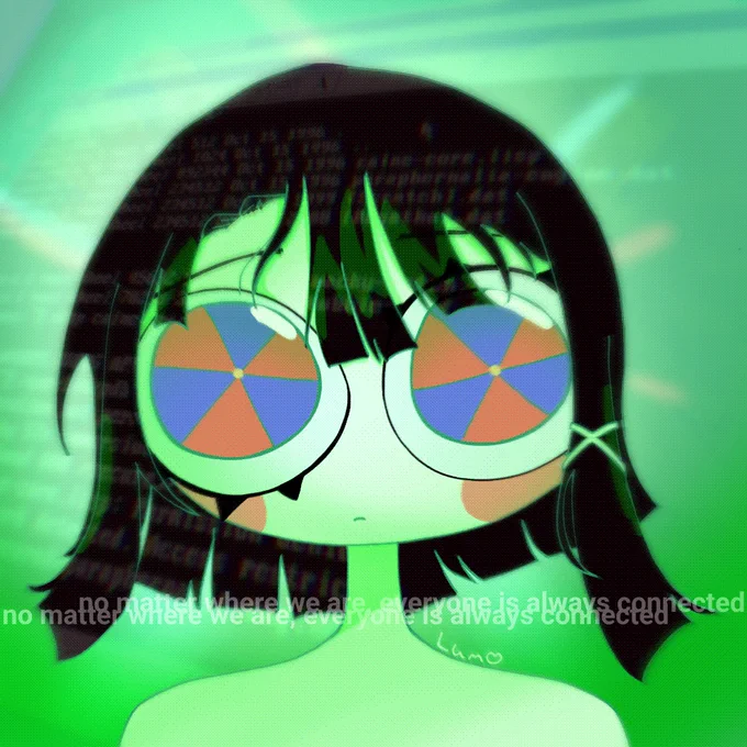 pomni as lain in a green computer background..serial experiments...digital experiments...

"no matter where we are, everyone is always connected"