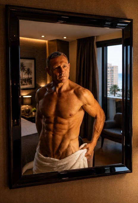 Pascal Saint James a fit 63-year-old man takes a mirror selfie after a shower, getting ready for dinner with friends. He stands in a modern bathroom wearing a towel, showing a healthy and active lifestyle. The post reflects self-care, confidence, and enjoying life after 60. 😉