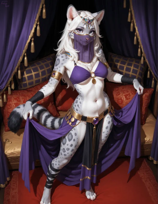 An Egyptian Mau anthro woman with white fur, dark gray spots, and long white hair poses on a richly decorated bed or lounge. She wears a purple and gold belly-dancer-inspired outfit with a veil over her lower face, jeweled headpiece, gold belt, arm bands, and flowing purple fabric held in both hands. The setting is luxurious, with purple curtains, gold tassels, patterned pillows, and warm red and gold bedding, giving the scene an ornate Egyptian-inspired atmosphere.