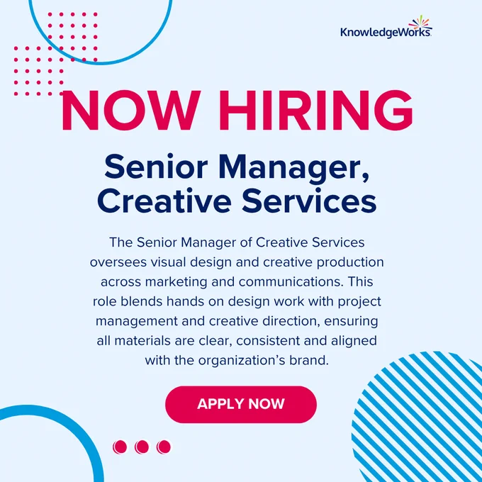 Now hiring: Senior Manager, Creative Services. The role oversees visual design and creative production across marketing and communications. It blends hands on design work with project management and creative direction, ensuring all materials are clear, consistent and aligned with the organization’s brand. Apply now.