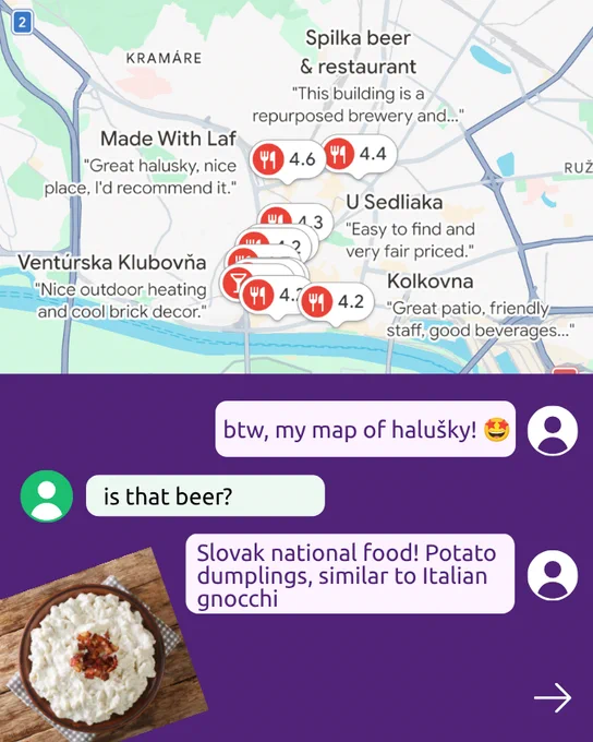 A map of Bratislava with several restaurant pins highlighted, along with an inset photo of Bryndzové halušky (potato dumplings with sheep cheese and bacon). The chat bubbles say: "btw, my map of halušky! 😍", "is that beer?", and "Slovak national food! Potato dumplings, similar to Italian gnocchi."
