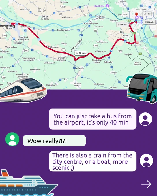 A map showing the travel route between Vienna International Airport and Bratislava, marked as a 40-minute drive. Graphics of a modern train, a bus, and a boat are featured. Text bubbles read: "You can just take a bus from the airport, it’s only 40 min," "Wow really?!?!", and "There is also a train from the city centre, or a boat, more scenic ;)."