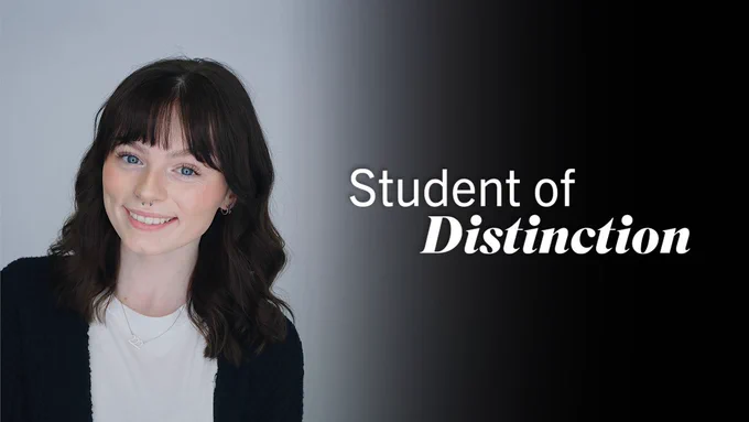 Headshot of CSU student Kristen Kimbler. The text on the right reads, "Student of Distinction," in white letters against a black background.