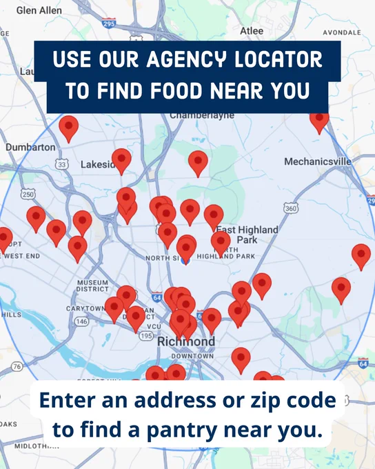 Feed More Agency Locator screenshot - Use our Agency Locator to find food near you. Enter an address or zip code to find a pantry near you.