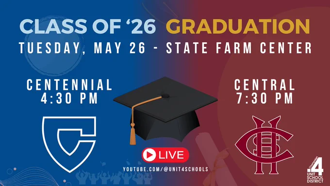 Blue and maroon background with "Class of '26 Graduation" text, a graduation cap, and Central/Centennial High School logos.