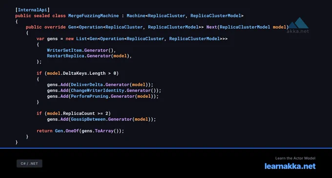 FsCheck machine class for model-based testing Akka.NET LWWDictionary CRDT data type