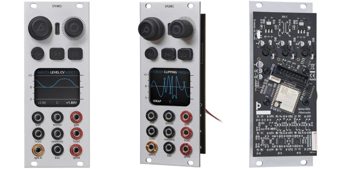 Three Spline modules in silver, with scope (and polynomial-shaped curves on front), chip and board on the back, big color display and 3x3 jacks and buttons and encoders plus USB-C.

Photo: Paul D. Pape - derwellenreiter, Berlin, Germany