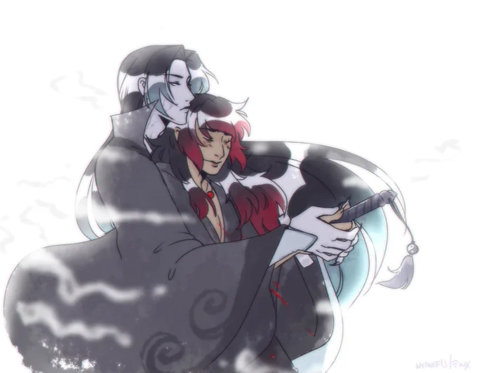 A half-body drawing of Song Lan (as a fierce corpse) and Xue Yang. Song Lan has his arms around Xue Yang, and is guiding him into stabbing himself with his sword, Fuxue. The blade is concealed by their billowing sleeves, but slight flecks of blood denote that there has been contact. In their position, the sword would run them both through. Both their hair is down. Song Lan's expression is neutral, but Xue Yang is smiling with his eyes closed, although his brow is furrowed.

There are slight wisps of mist or smoke around them. 
