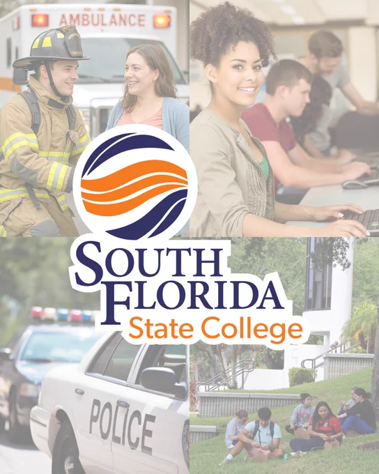 The South Florida State College logo on top of a photo grid that includes a photo of an EMT, a student in front of a computer, a police car, and students sitting on the lawn of the Wildstein Center. 