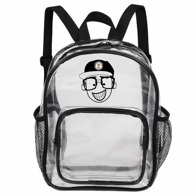 Clear book bag with Secret Scientist logo: A grinning cartoon character, sporting glasses and a hat bearing the Indian Springs ES logo.