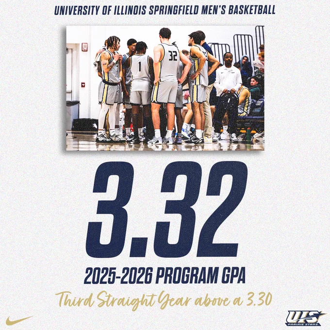 UIS men’s basketball team huddled during a game, featured above bold text reading “3.32” and “2025–2026 Program GPA.” The graphic highlights the team achieving a GPA above 3.30 for the third straight year, with UIS Prairie Stars branding and Nike logo included.