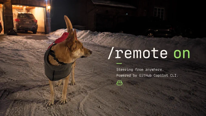 A nighttime winter photo of ACE, a tan dog wearing a red and dark coat, standing on a snowy driveway. The image has a tech-style overlay with the text “/remote on” and messaging about steering GitHub Copilot CLI remotely while out walking the dog.