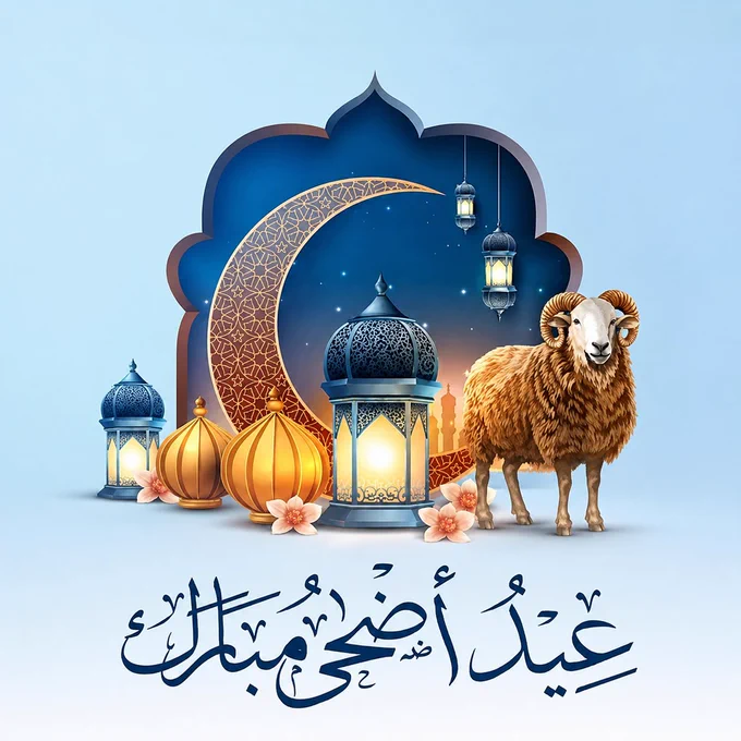 بطاقة تهنئة لعيد الأضحى المبارك بتصميم إسلامي أنيق يضم هلالًا مضيئًا، فوانيس وزخارف احتفالية، وخروف العيد، مع عبارة عيد أضحى مبارك