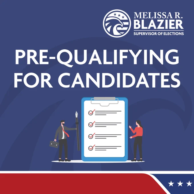 Melissa R. Blazier's Supervisor of Elections office announces pre-qualifying process for election candidates - pictured with a man and woman standing next to a form on a clip board.
