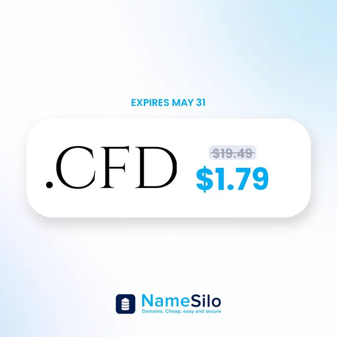 NameSilo .CFD promo card — $1.79 first year, expires May 31