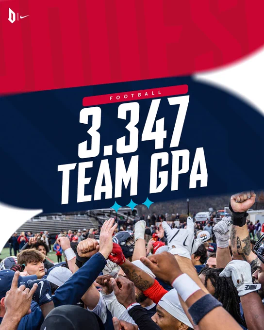 Picture of team breaking it down together with text that reads Duquesne Football. 3.347 team gpa