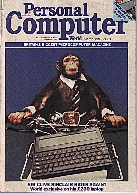 The February 1987 issue of Personal Computing World contained more of John’s Disassembler. It also broke the story of a new Sinclair Research computer and, as was customary for such milestones, featured a chimpanzee on the cover