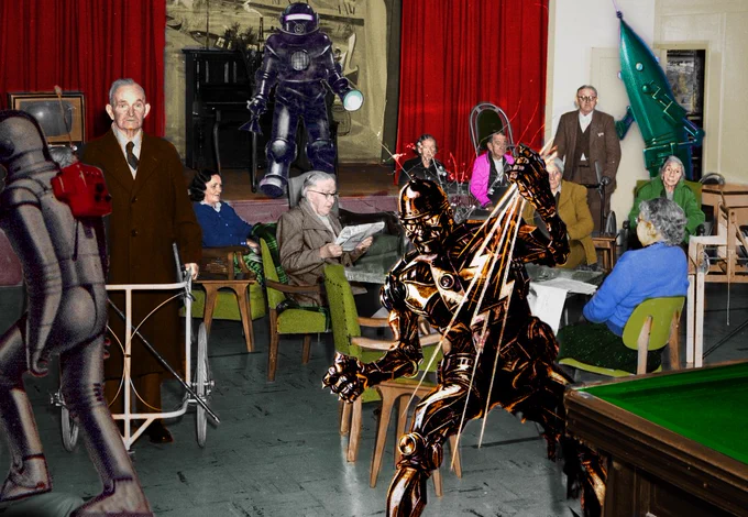 A hand-tinted image of elderly people in the lounge of a nursing home. Three killer robots have been inserted into the scene.