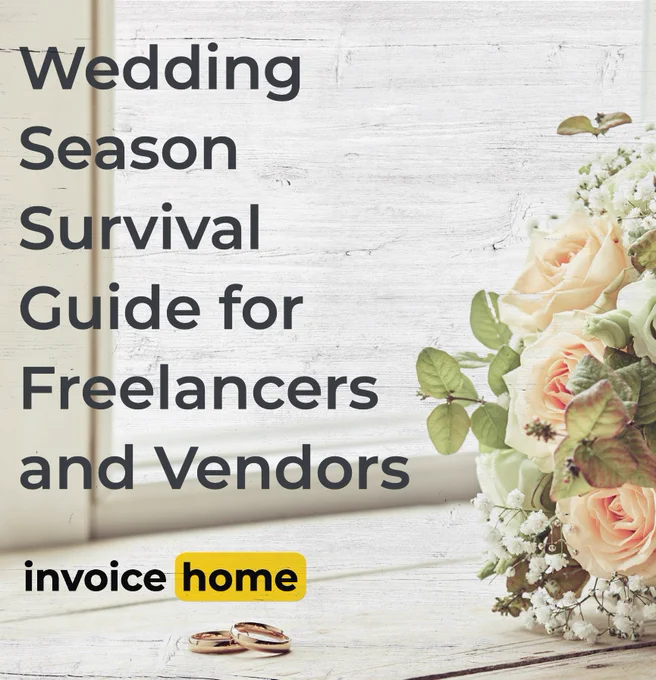 A guide for freelancers and vendors during wedding season with a floral theme and rings. The mood is professional yet celebratory.