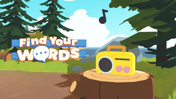 The image is a screenshot from Find Your Words. It depicts the forest in the background. There is a big log with a yellow stereo on it. A musical note is above it, indicating that it is playing music. To the left of the stereo is the Find Your Words logo.