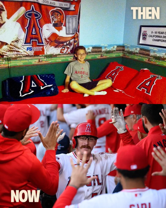 (Top/Then): A young Wade Meckler is pictured in his childhood bedroom, which features an Angels bedspread and pillows, Vlad Guerrero Sr. blanket hung up on his wall, baseball stadium wall trim, and a sign for his 9-10 year old California District Little League championship. (Bottom/Now): Wade Meckler high fives his Angels teammates in the home dugout at Angel Stadium. 