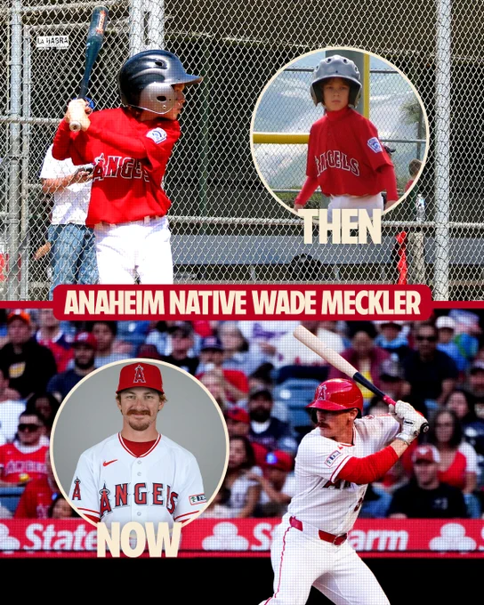 Anaheim Native Wade Meckler - then & now. (Top) A young Wade Meckler is photographed during an at bat and while on base in his Little League Angels uniform. (Bottom) Wade Meckler is pictured during an at bat at Angel Stadium and with his Angels Major League headshot. 