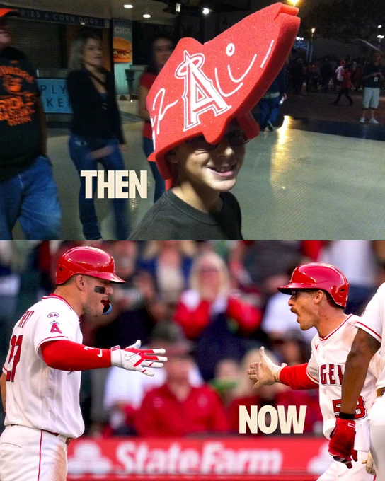 (Top/Then): A young Wade Meckler is pictured at Angel Stadium wearing a foam fish hat, featuring Mike Trout's signature and the Angels "A" logo design. (Bottom/Now): Mike Trout gives Wade Meckler a high five following Meckler's home run at Angel Stadium. 